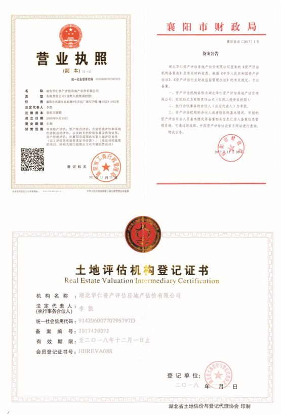 華仁資產(chǎn)評估房地產(chǎn)估價有限公司營業(yè)執(zhí)照、資產(chǎn)評估備案公告、土地評估機構登記證書.jpg